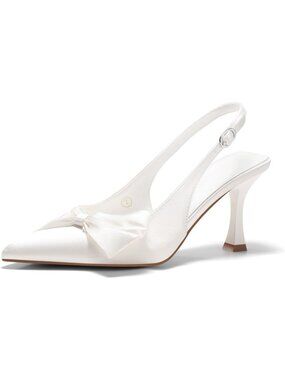 Women's White Satin Slingback High Heels Bow Tie Closed Pointed Toe Pumps Shoes